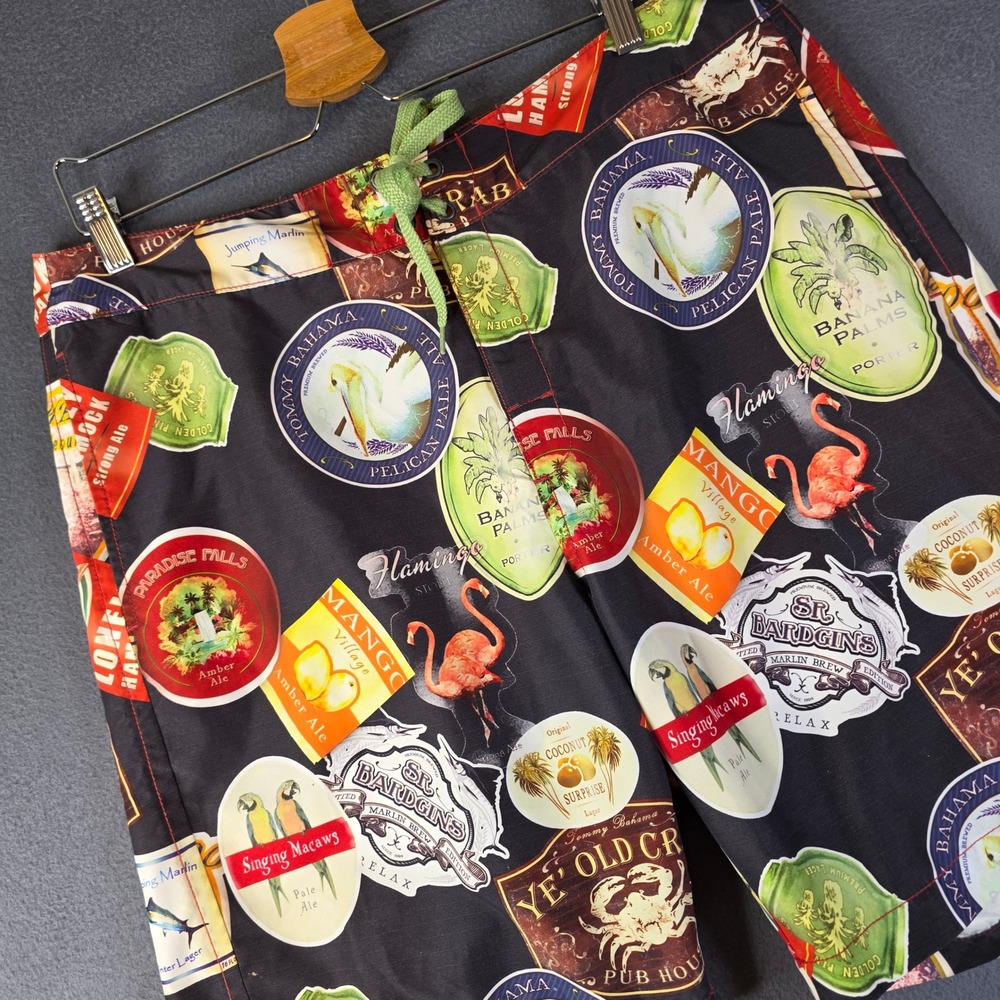 Tommy Bahama Relax Swim Trunks Mens 36 Black Beer Logo Label Print Board Shorts